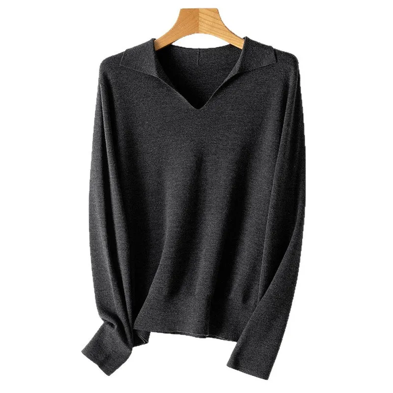 Damen Feinstrickpullover mit V-Ausschnitt und Hemdkragen Drune