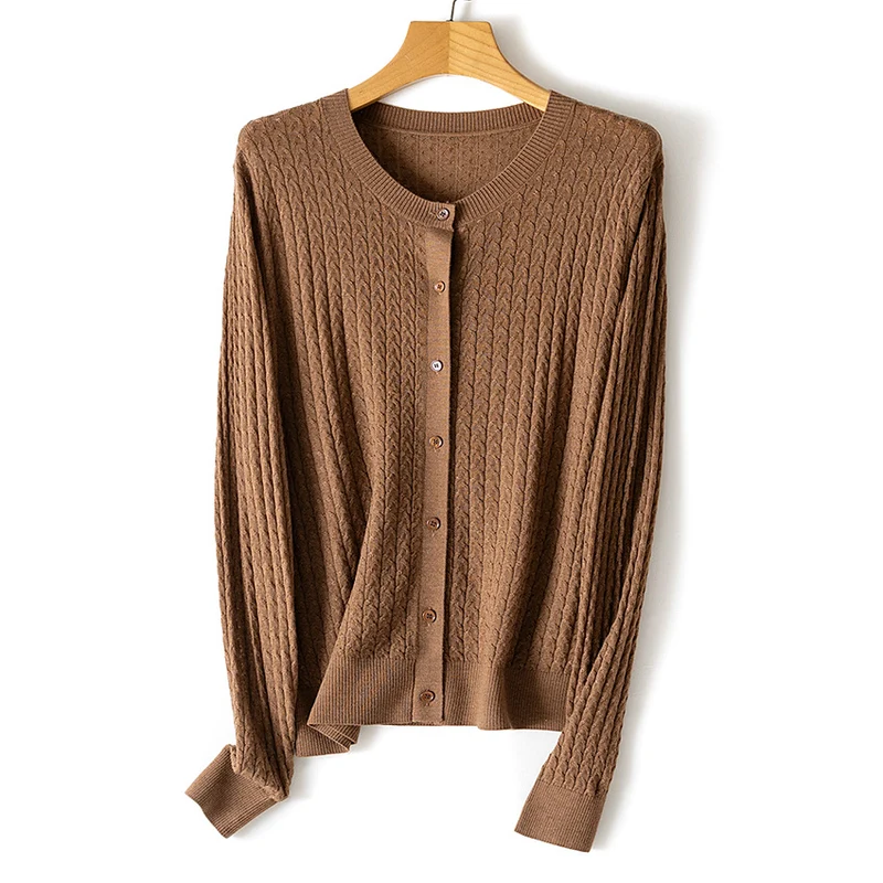 Damen Feiner Strick-Cardigan mit Zopfmuster, Rundhals und Knopfleiste Drune