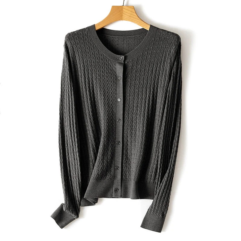 Damen Feiner Strick-Cardigan mit Zopfmuster, Rundhals und Knopfleiste Drune