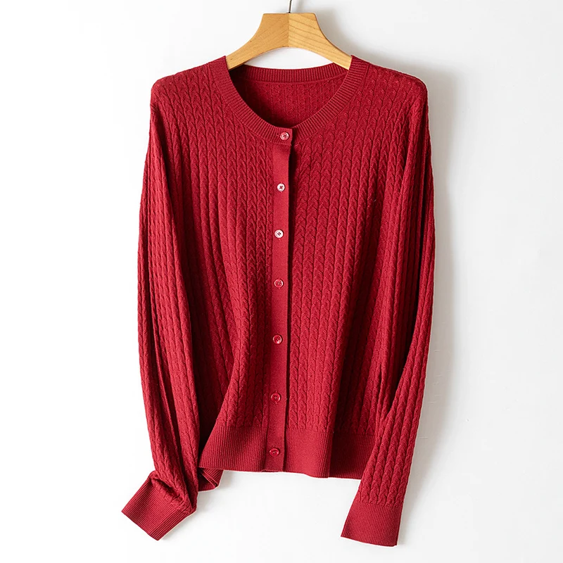 Damen Feiner Strick-Cardigan mit Zopfmuster, Rundhals und Knopfleiste Drune
