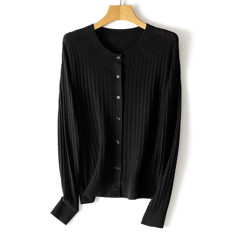 Damen Feiner Strick-Cardigan mit Zopfmuster, Rundhals und Knopfleiste Drune