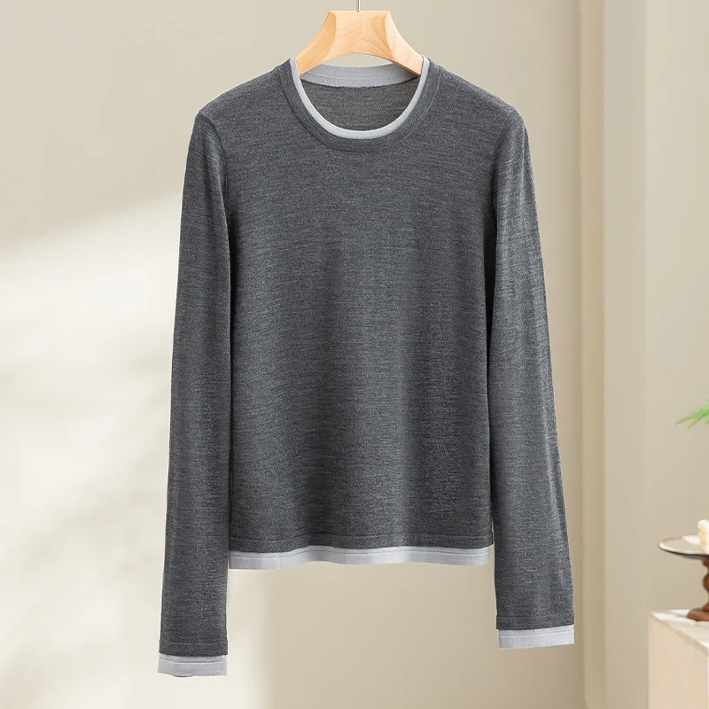 Damen Feiner Rundhalspullover aus Merino-Mix mit Kontrastbündchen Drune
