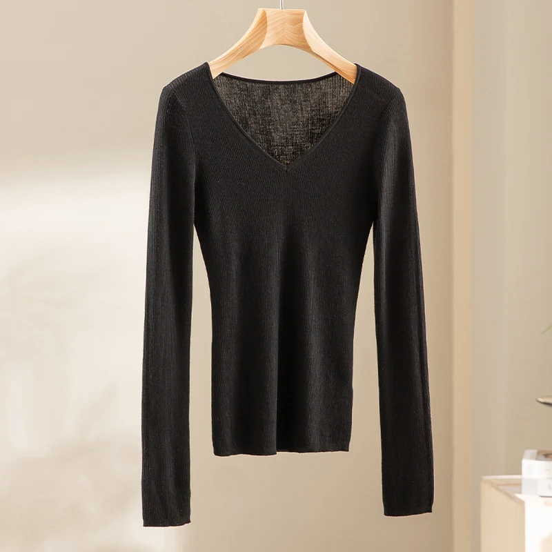 Damen Feiner Rippenstrickpullover mit tiefem V-Ausschnitt und taillierter Passform Drune