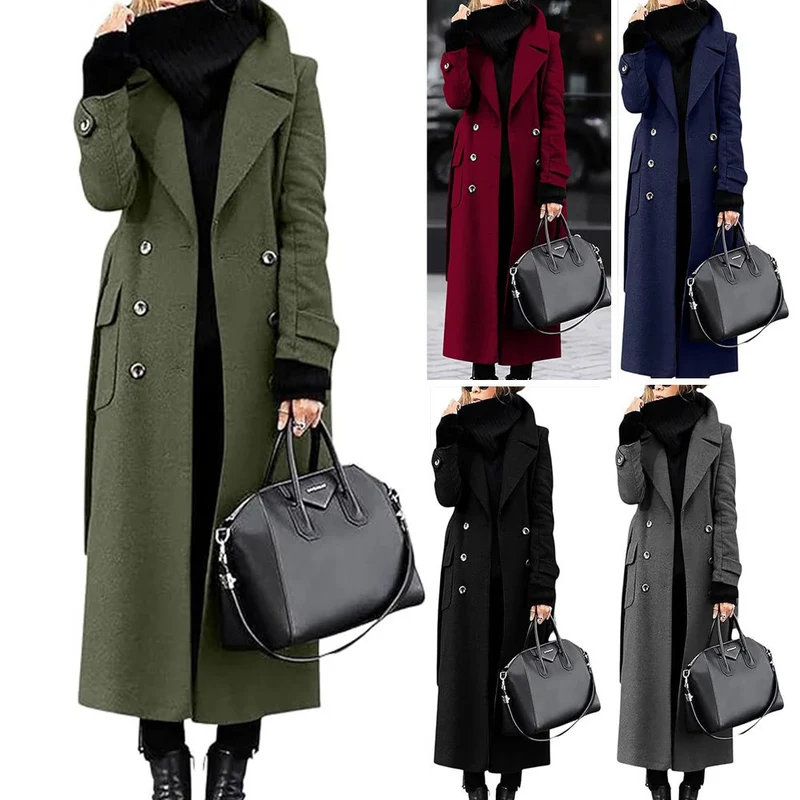 Damen Doppelreihiger Wollmix-Maximantel mit breitem Revers und Pattentaschen Drune
