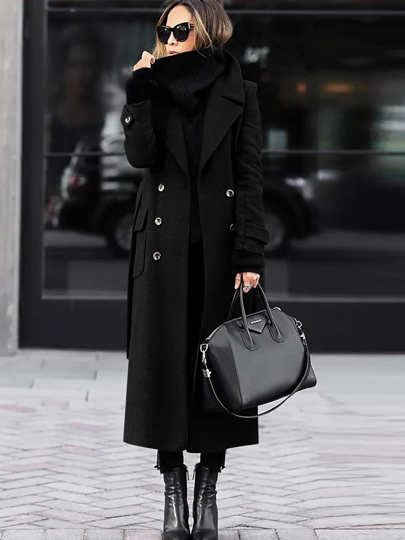 Damen Doppelreihiger Wollmix-Maximantel mit breitem Revers und Pattentaschen Drune