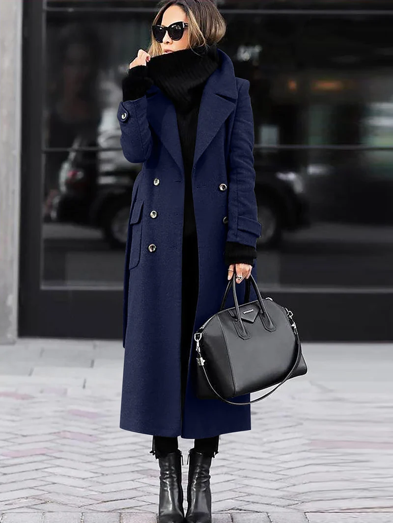 Damen Doppelreihiger Wollmix-Maximantel mit breitem Revers und Pattentaschen Drune