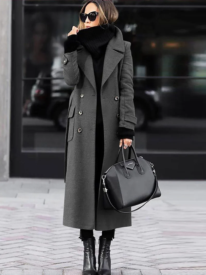 Damen Doppelreihiger Wollmix-Maximantel mit breitem Revers und Pattentaschen Drune