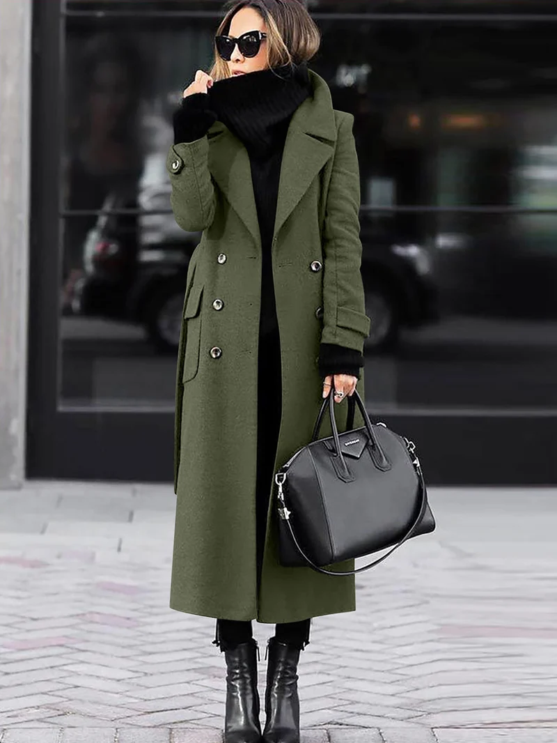 Damen Doppelreihiger Wollmix-Maximantel mit breitem Revers und Pattentaschen Drune