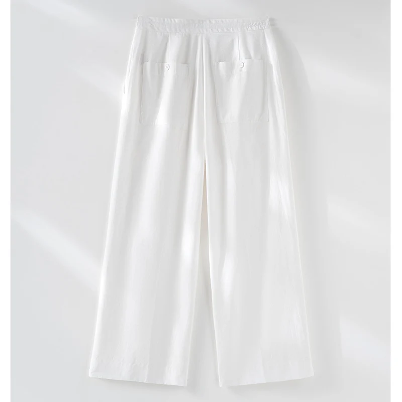 Damen Culotte-ähnliche Leinenhose mit Tunnelzug, Bundfalten und geradem Bein Drune