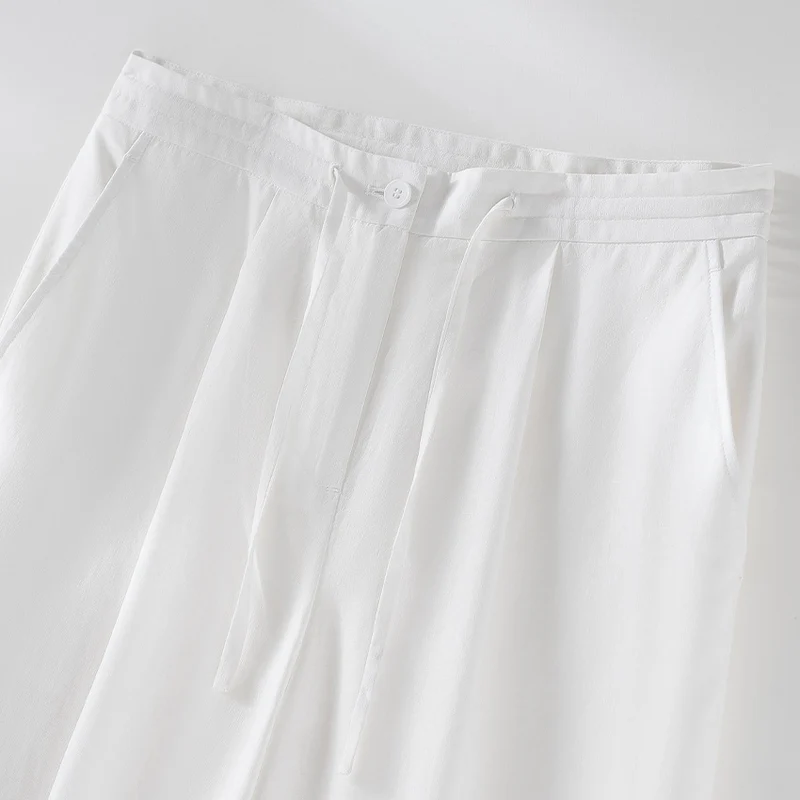 Damen Culotte-ähnliche Leinenhose mit Tunnelzug, Bundfalten und geradem Bein Drune