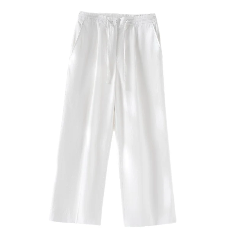Damen Culotte-ähnliche Leinenhose mit Tunnelzug, Bundfalten und geradem Bein Drune