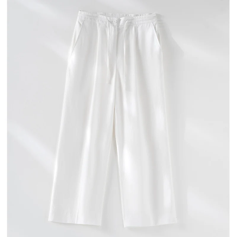 Damen Culotte-ähnliche Leinenhose mit Tunnelzug, Bundfalten und geradem Bein Drune