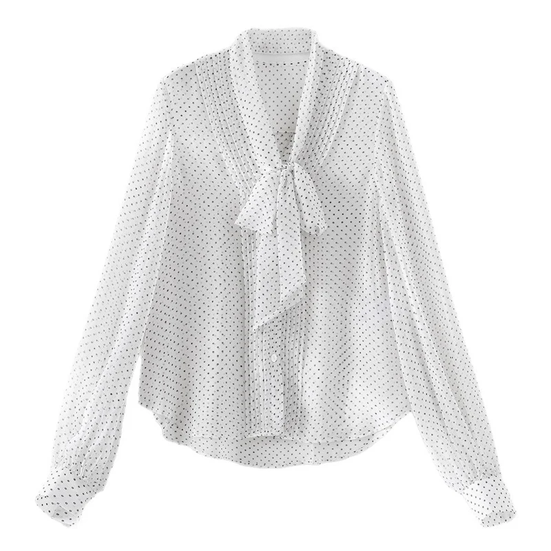 Damen Chiffonbluse mit Schleifenkragen, feinem Punktprint und dekorativen Falten Drune