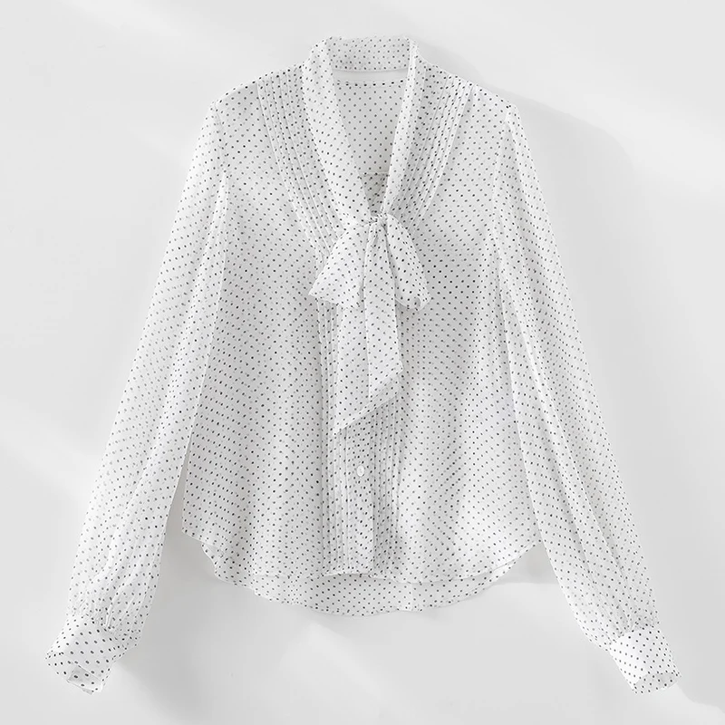 Damen Chiffonbluse mit Schleifenkragen, feinem Punktprint und dekorativen Falten Drune