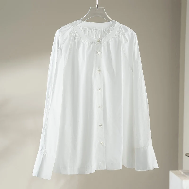 Damen Bluse mit Rundhalsausschnitt, durchgehender Knopfleiste und geraffter Passe Drune