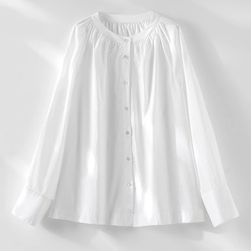 Damen Bluse mit Rundhalsausschnitt, durchgehender Knopfleiste und geraffter Passe Drune