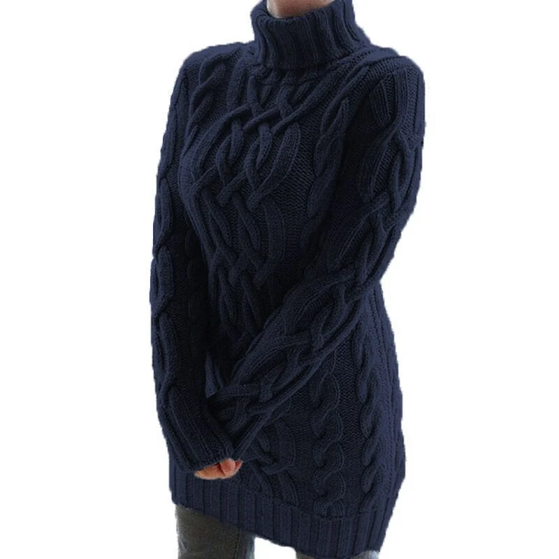 Damen Oversized Strickkleid mit markantem Zopfmuster und Rollkragen Drune