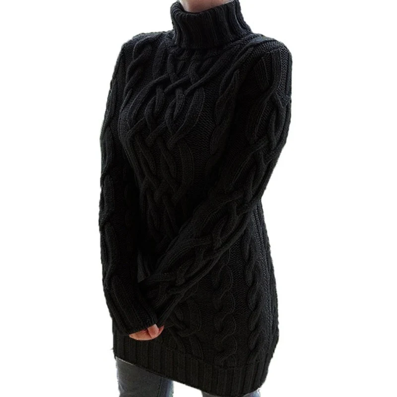 Damen Oversized Strickkleid mit markantem Zopfmuster und Rollkragen Drune