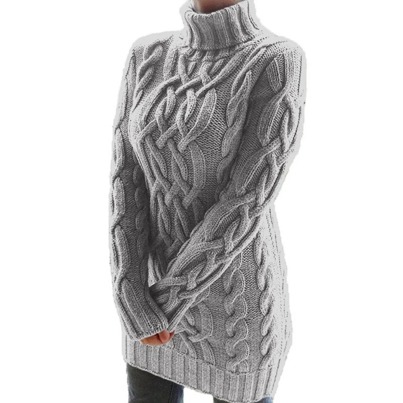 Damen Oversized Strickkleid mit markantem Zopfmuster und Rollkragen Drune