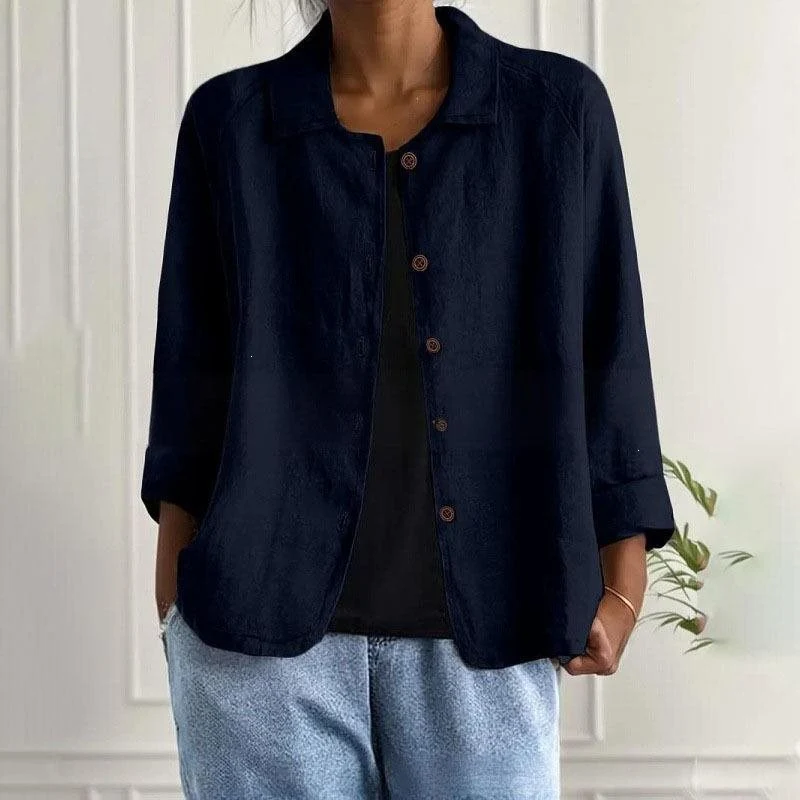 Damen Oversized Leinen-Hemdjacke mit Hemdkragen, 3/4-Ärmeln und durchgehender Knopfleiste Drune