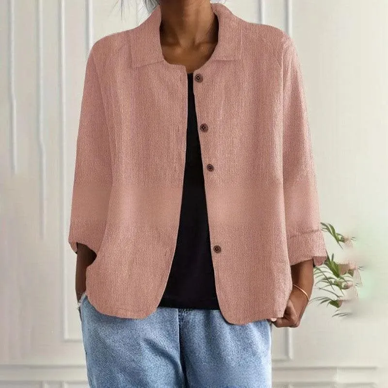 Damen Oversized Leinen-Hemdjacke mit Hemdkragen, 3/4-Ärmeln und durchgehender Knopfleiste Drune