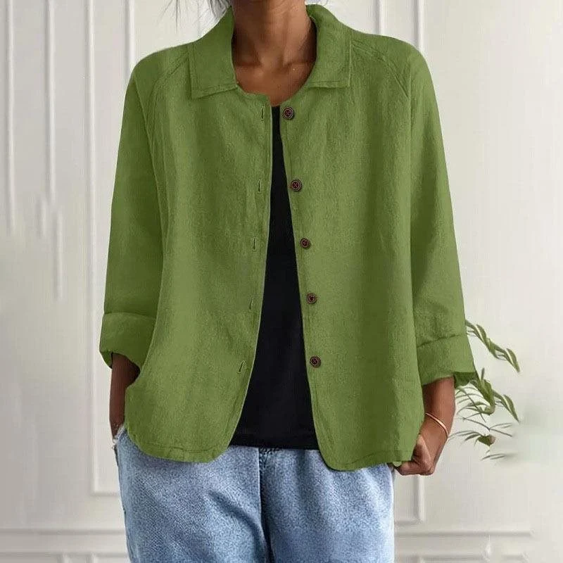 Damen Oversized Leinen-Hemdjacke mit Hemdkragen, 3/4-Ärmeln und durchgehender Knopfleiste Drune