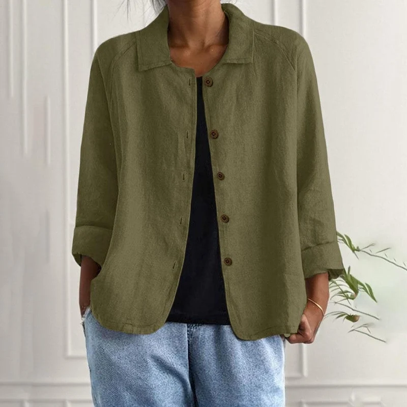 Damen Oversized Leinen-Hemdjacke mit Hemdkragen, 3/4-Ärmeln und durchgehender Knopfleiste Drune