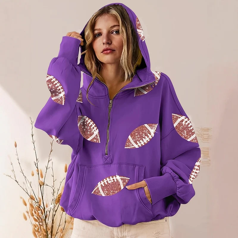 Damen Oversized Kapuzenpullover mit halbem Reißverschluss und Pailletten‑Football-Applikation Drune