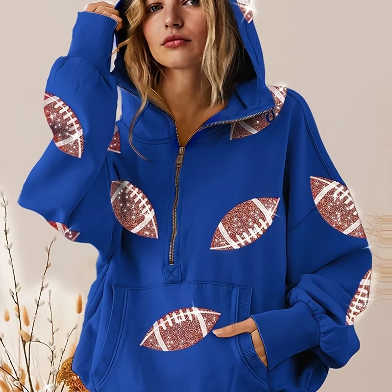 Damen Oversized Kapuzenpullover mit halbem Reißverschluss und Pailletten‑Football-Applikation Drune