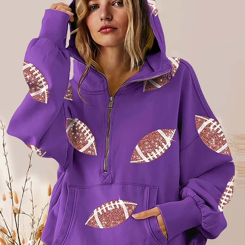 Damen Oversized Kapuzenpullover mit halbem Reißverschluss und Pailletten‑Football-Applikation Drune