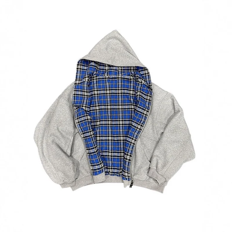 Damen Oversized Kapuzenjacke mit kariertem Innenfutter und durchgehendem Reißverschluss Drune
