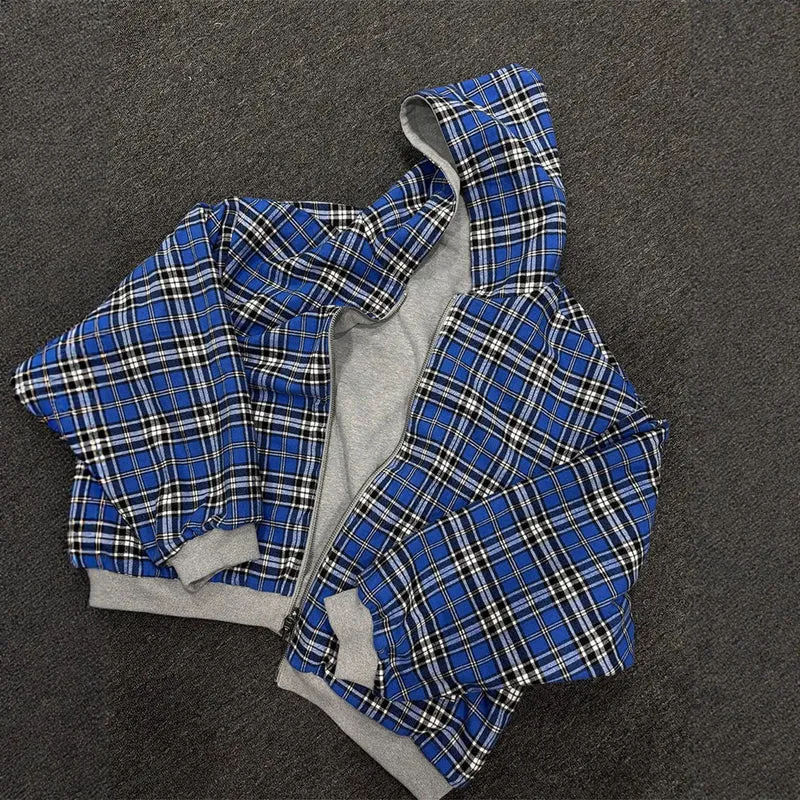 Damen Oversized Kapuzenjacke mit kariertem Innenfutter und durchgehendem Reißverschluss Drune