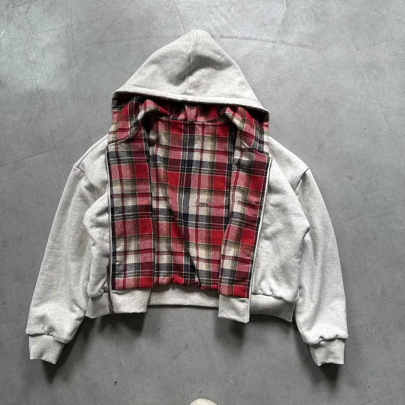 Damen Oversized Kapuzenjacke mit kariertem Innenfutter und durchgehendem Reißverschluss Drune