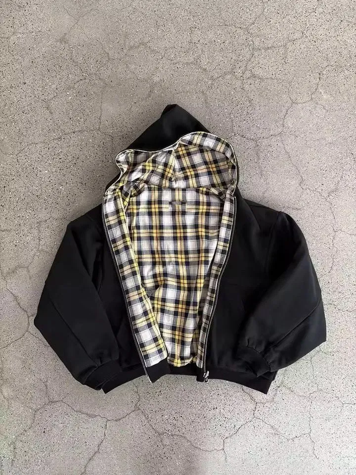 Damen Oversized Kapuzenjacke mit kariertem Innenfutter und durchgehendem Reißverschluss Drune
