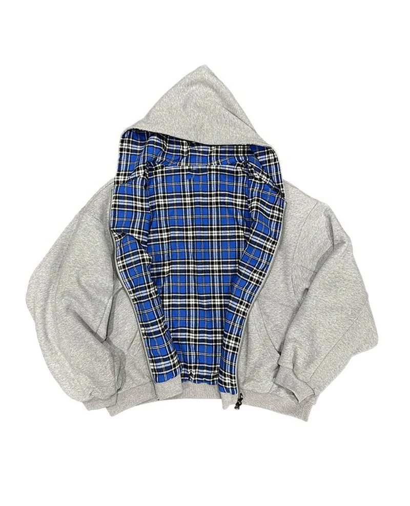 Damen Oversized Kapuzenjacke mit kariertem Innenfutter und durchgehendem Reißverschluss Drune