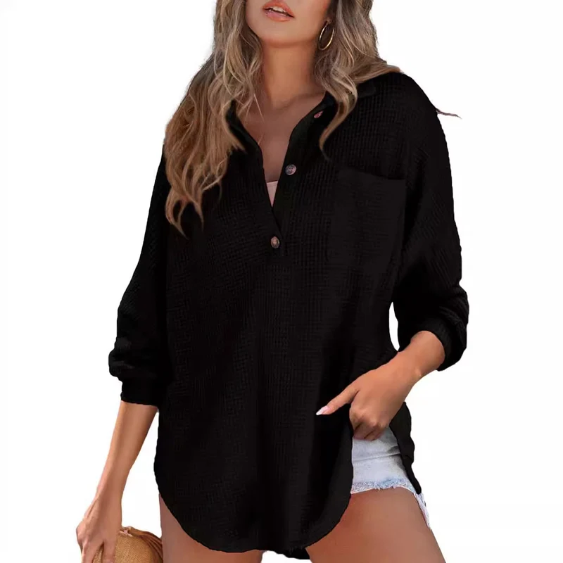 Damen Oversize Waffel-Strick Hemdtunika mit Brusttasche und Holzknöpfen Drune