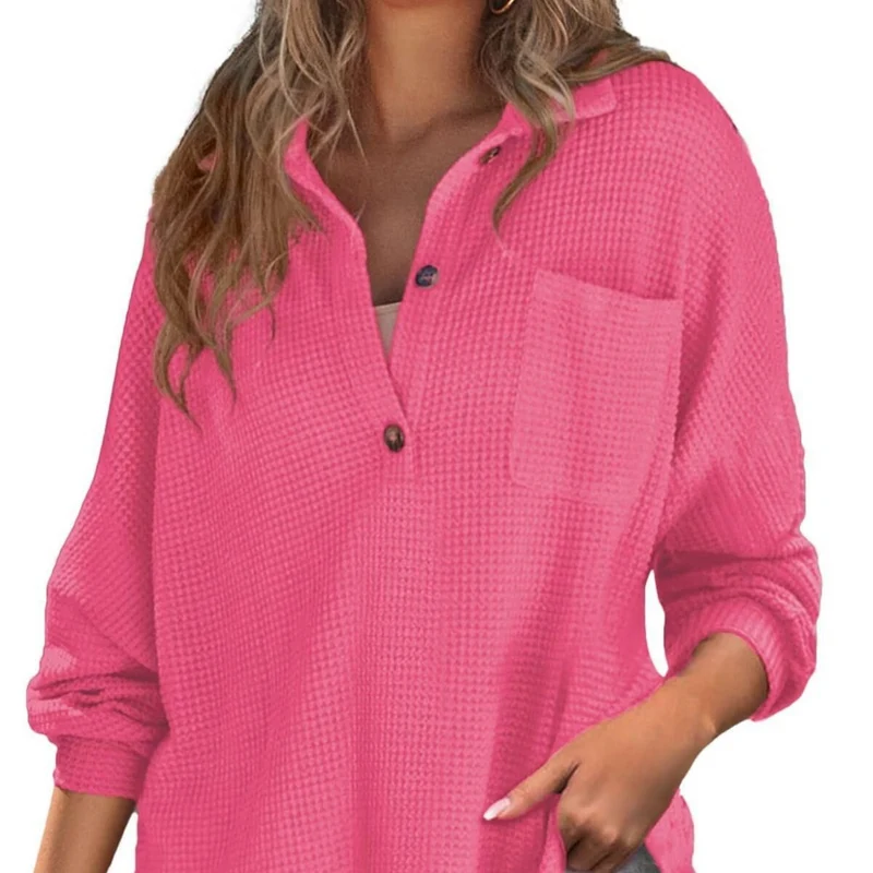 Damen Oversize Waffel-Strick Hemdtunika mit Brusttasche und Holzknöpfen Drune