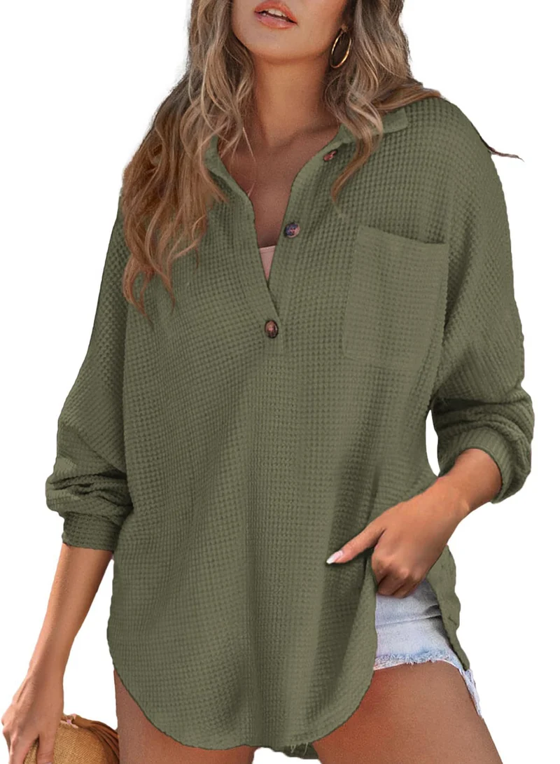 Damen Oversize Waffel-Strick Hemdtunika mit Brusttasche und Holzknöpfen Drune