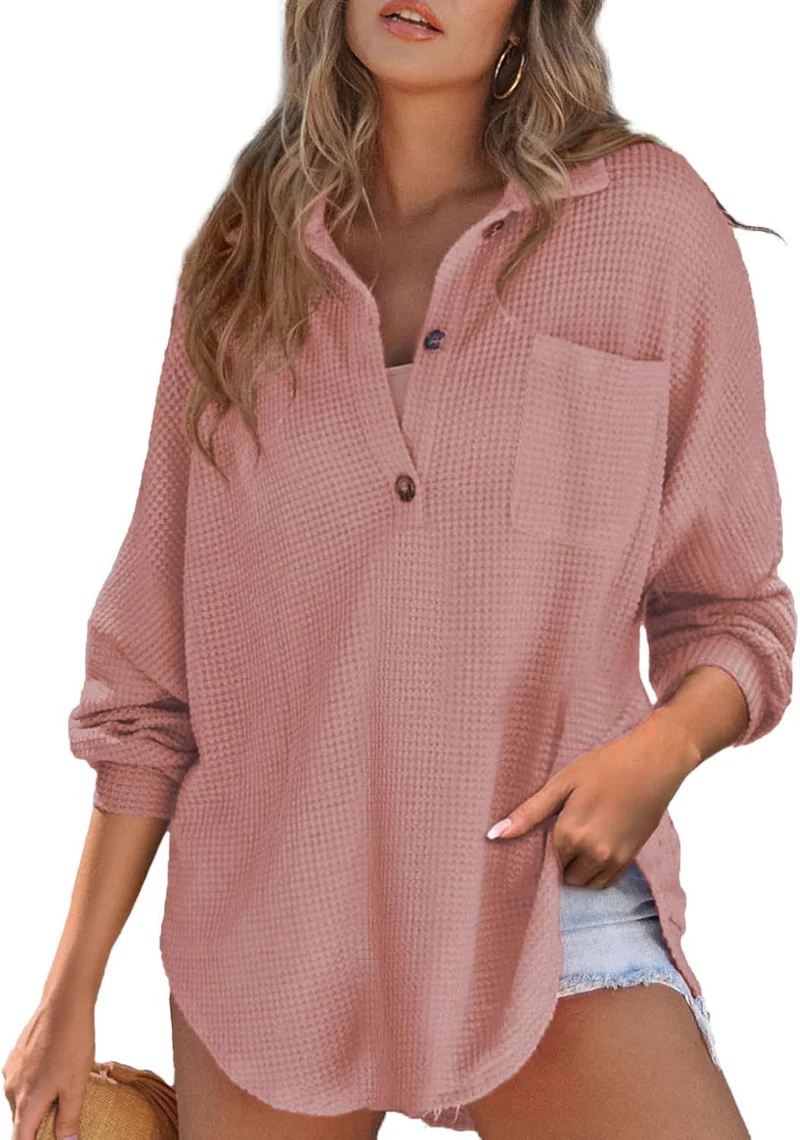 Damen Oversize Waffel-Strick Hemdtunika mit Brusttasche und Holzknöpfen Drune