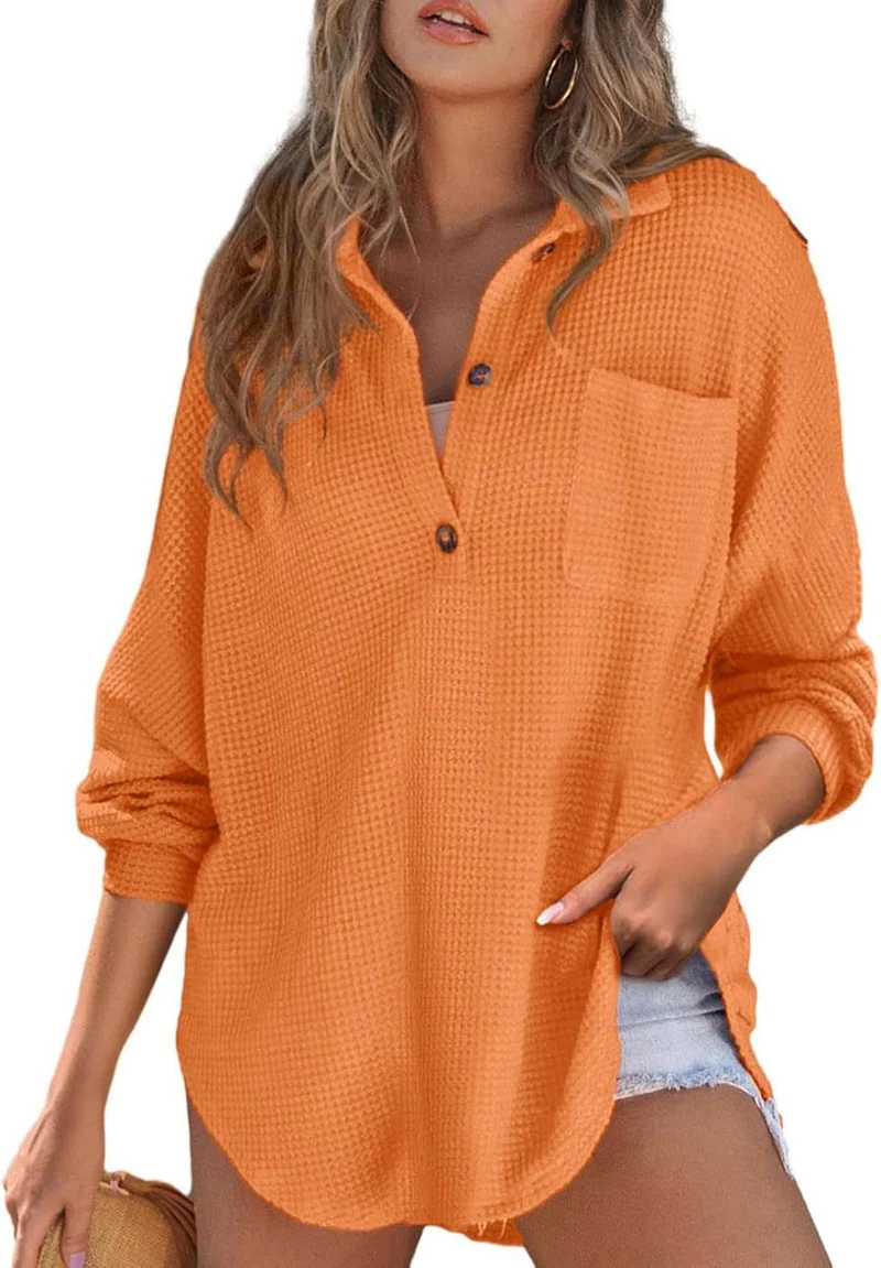 Damen Oversize Waffel-Strick Hemdtunika mit Brusttasche und Holzknöpfen Drune