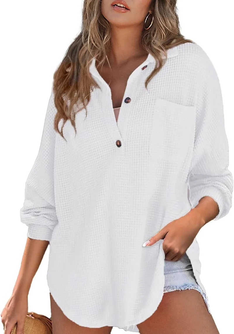 Damen Oversize Waffel-Strick Hemdtunika mit Brusttasche und Holzknöpfen Drune