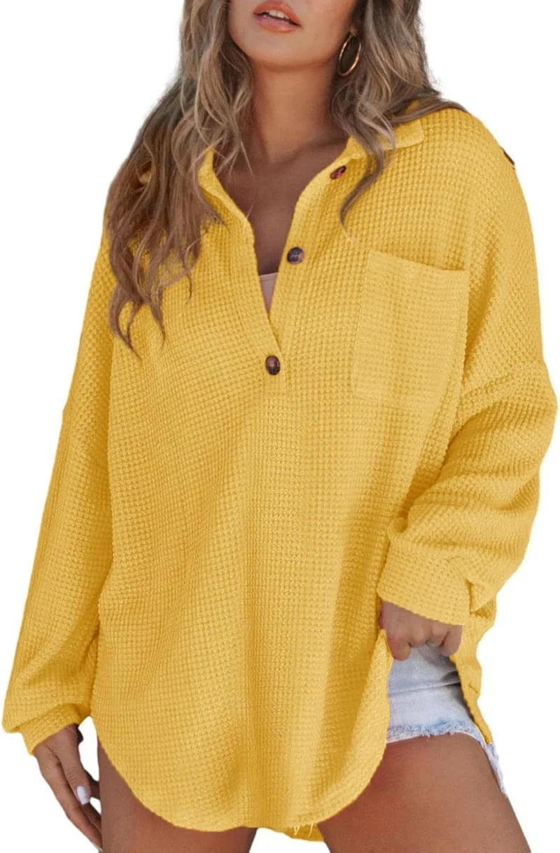 Damen Oversize Waffel-Strick Hemdtunika mit Brusttasche und Holzknöpfen Drune