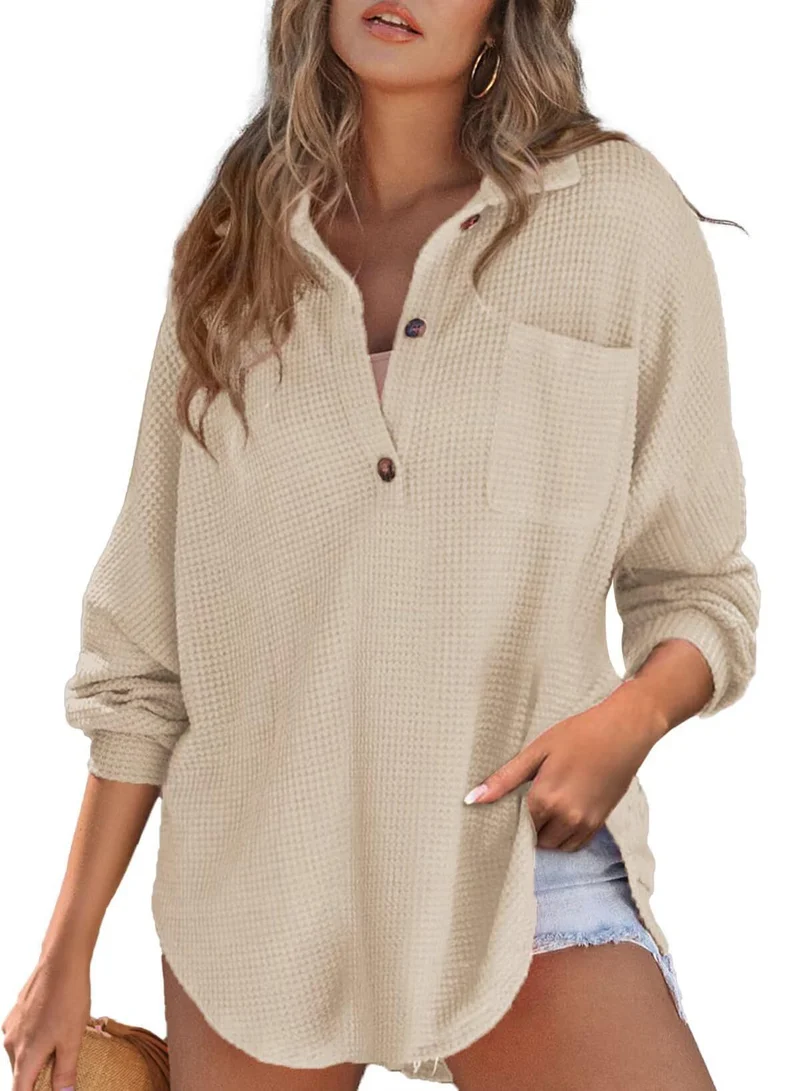 Damen Oversize Waffel-Strick Hemdtunika mit Brusttasche und Holzknöpfen Drune