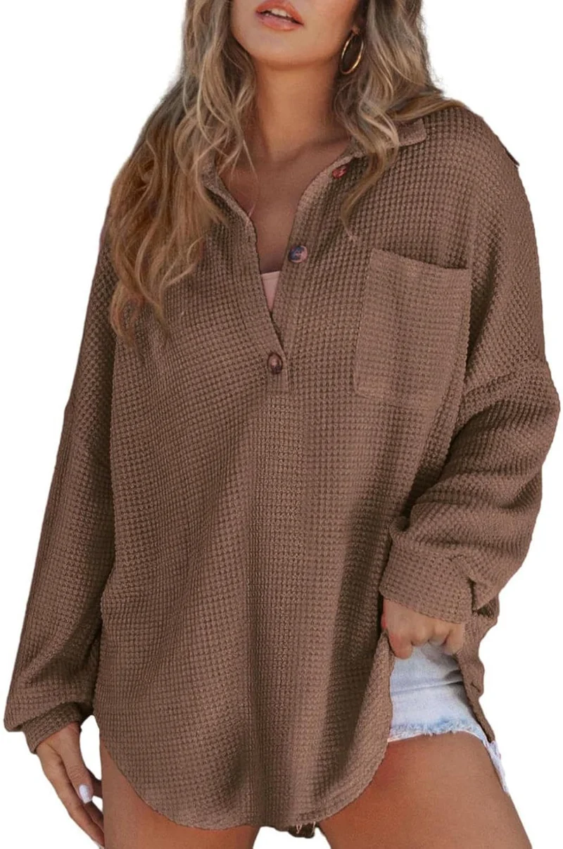 Damen Oversize Waffel-Strick Hemdtunika mit Brusttasche und Holzknöpfen Drune