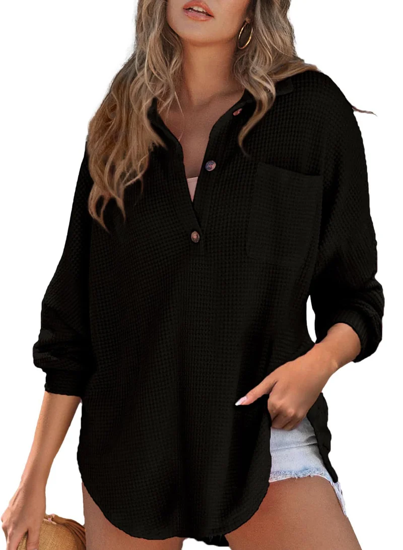Damen Oversize Waffel-Strick Hemdtunika mit Brusttasche und Holzknöpfen Drune