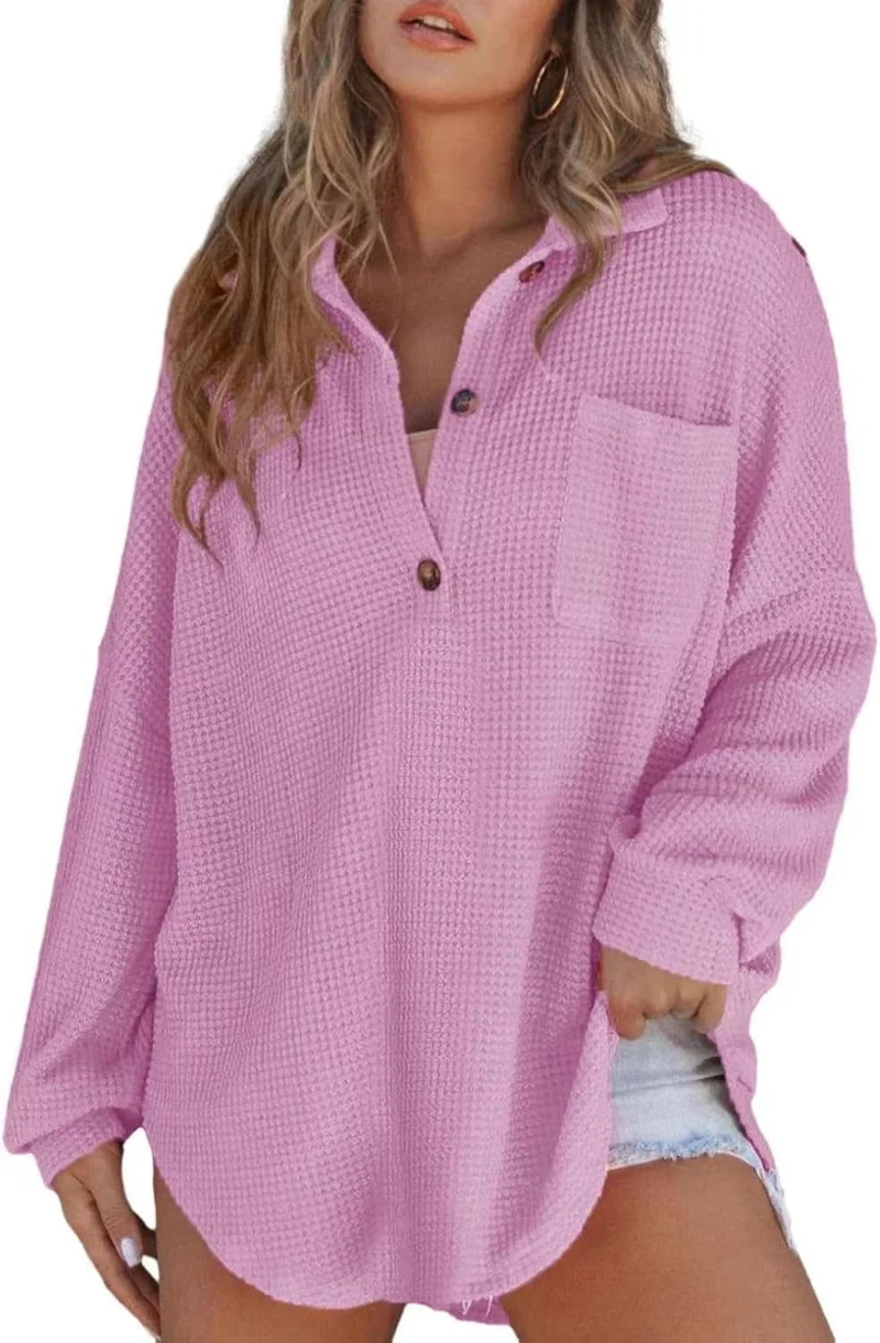 Damen Oversize Waffel-Strick Hemdtunika mit Brusttasche und Holzknöpfen Drune