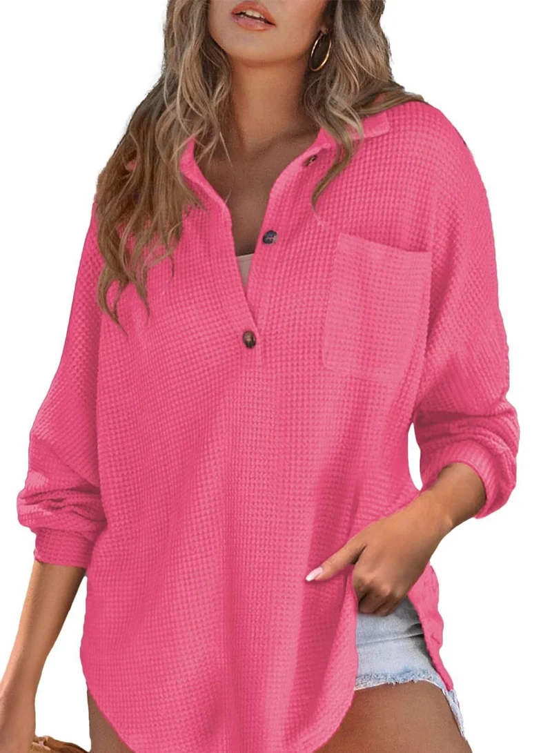 Damen Oversize Waffel-Strick Hemdtunika mit Brusttasche und Holzknöpfen Drune