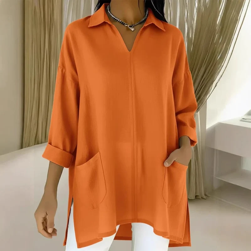 Damen Oversize-Tunika mit Hemdkragen, V-Ausschnitt und aufgesetzten Taschen Drune