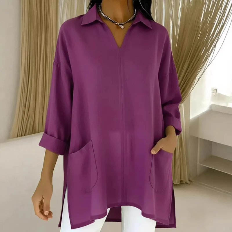 Damen Oversize-Tunika mit Hemdkragen, V-Ausschnitt und aufgesetzten Taschen Drune