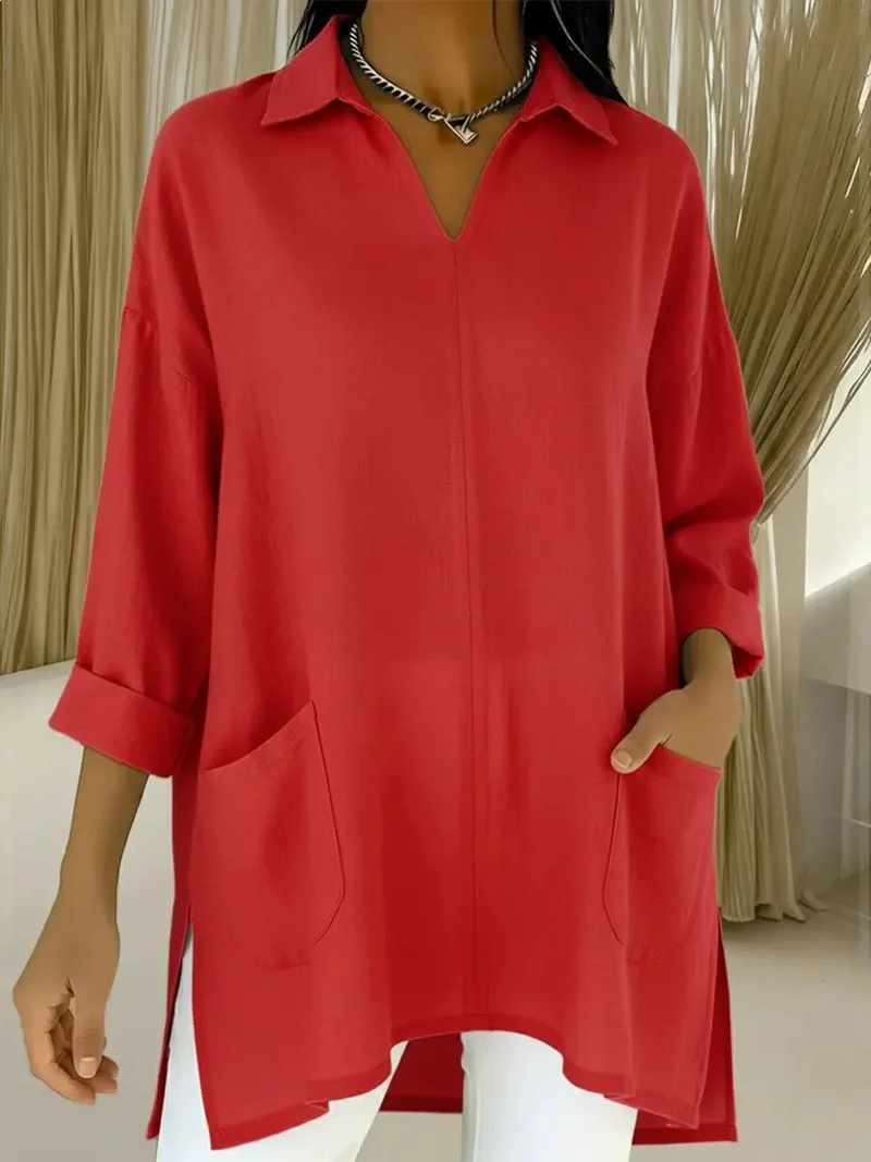 Damen Oversize-Tunika mit Hemdkragen, V-Ausschnitt und aufgesetzten Taschen Drune